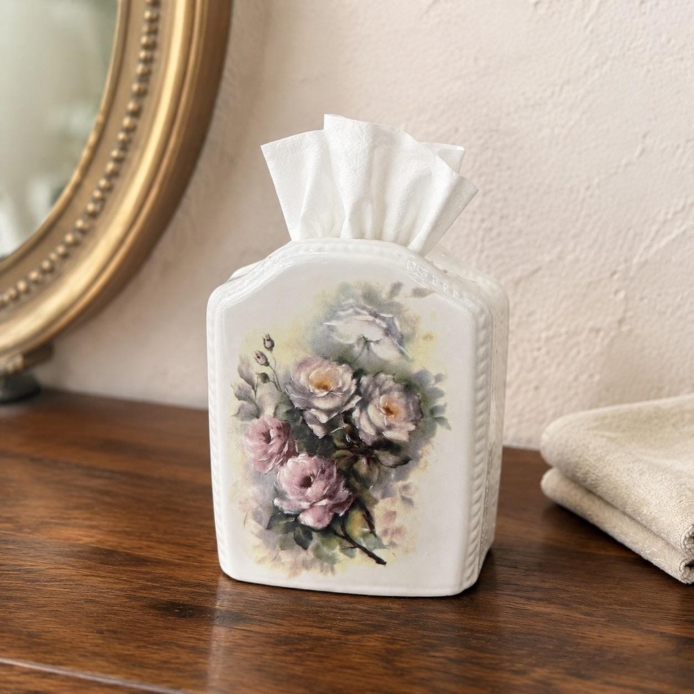 Vintage Cottagecore Ceramic Tissue Box Cover ~ Pink Rose Bouquet ~ USA Pottery
